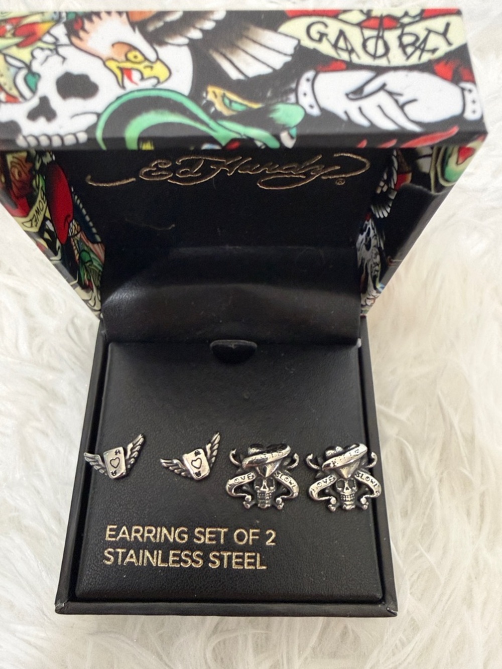 Ed Hardy Silver Winged Heart & Ribbon Skull Earring Set